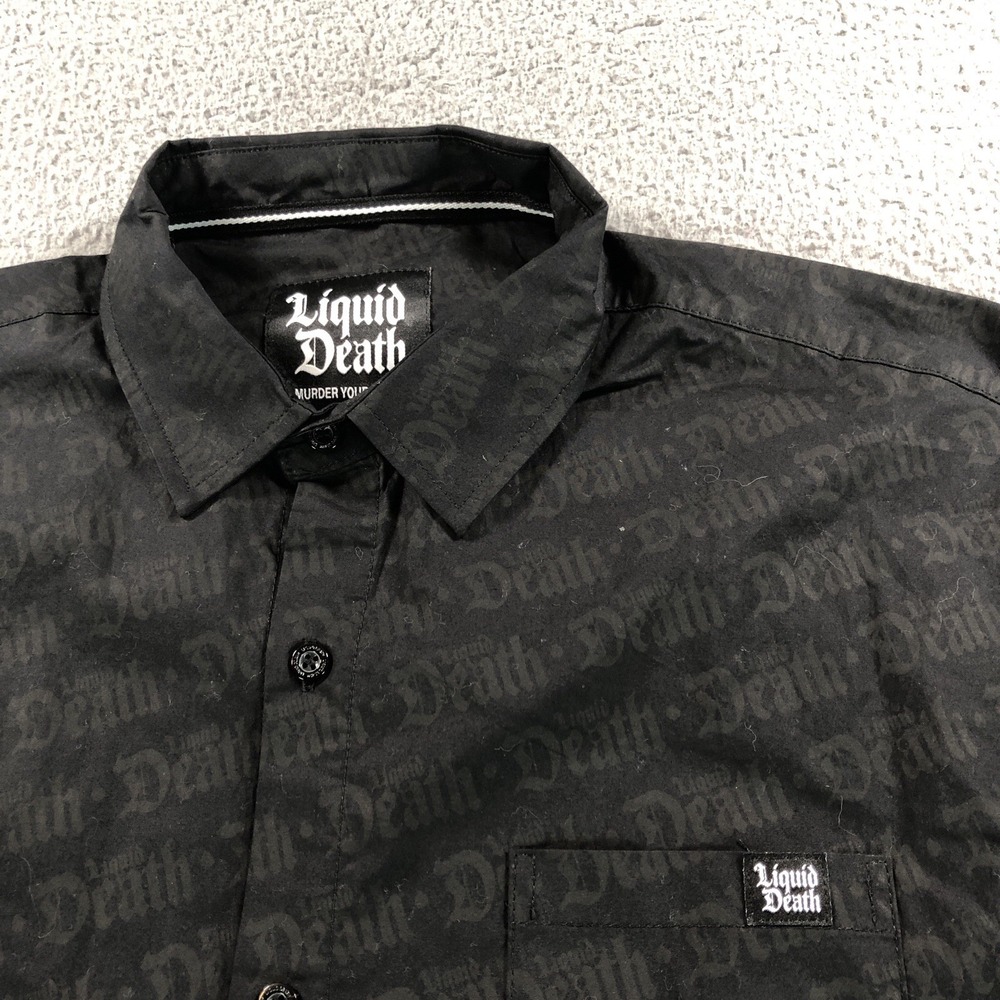 Liquid Death Shirt Mens Extra Large Black‎ AOP Logo Long Sleeve Button Up Thirst